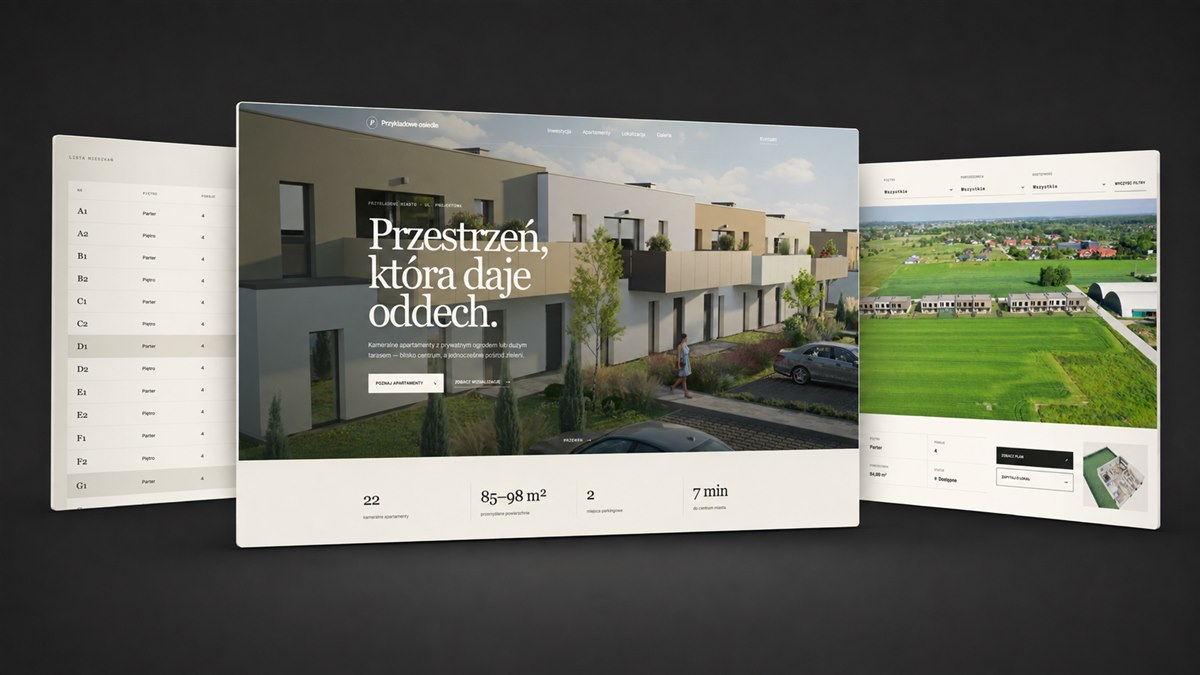 Trzy widoki przykładowej strony inwestycji Lawendowa