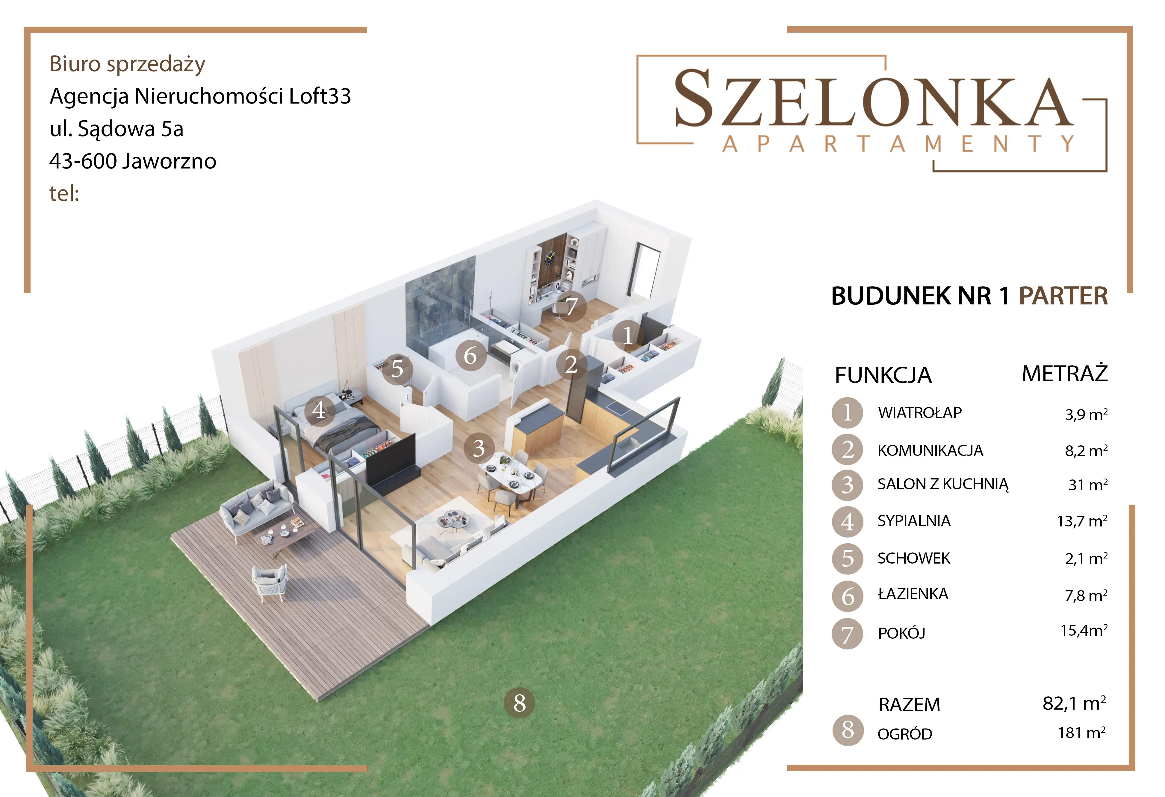 Rzut 3D Szelonka Apartamenty — budynek nr 1, parter, 82,1 m² i ogród 181 m²
